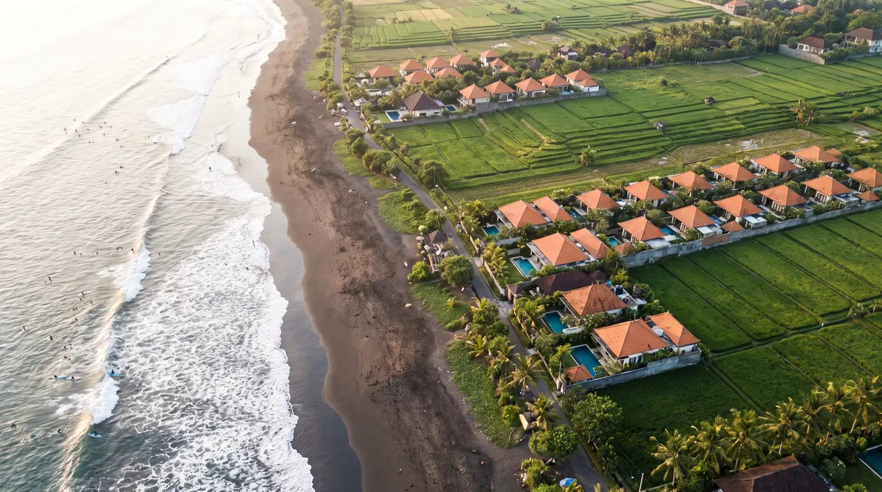 Canggu surf coast and rice fields seen from a helicopter in Bali