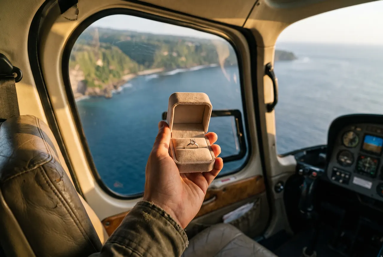 Engagement ring box held in a helicopter cabin above the Bali coast