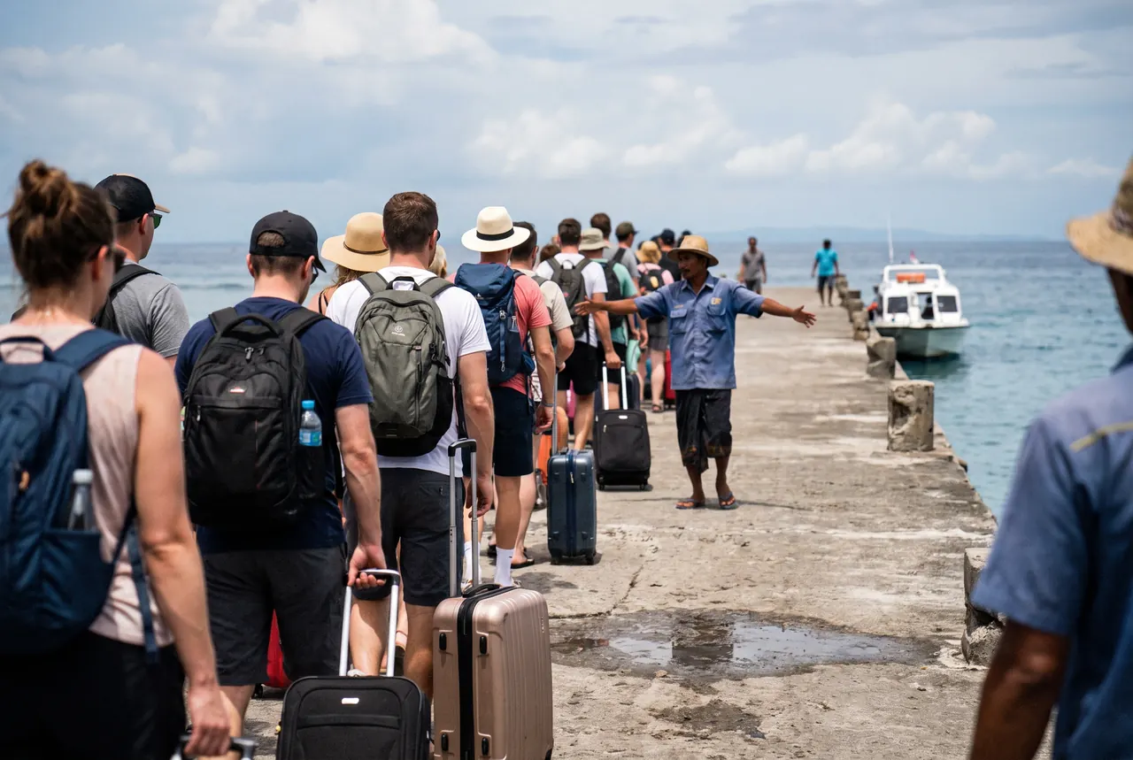 Travellers queuing for a fast boat at Padang Bai harbour in Bali