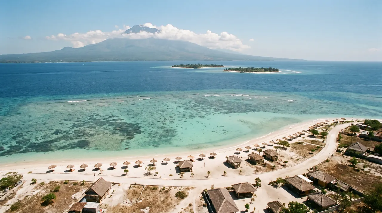 Gili Trawangan island and its turquoise lagoon from a helicopter
