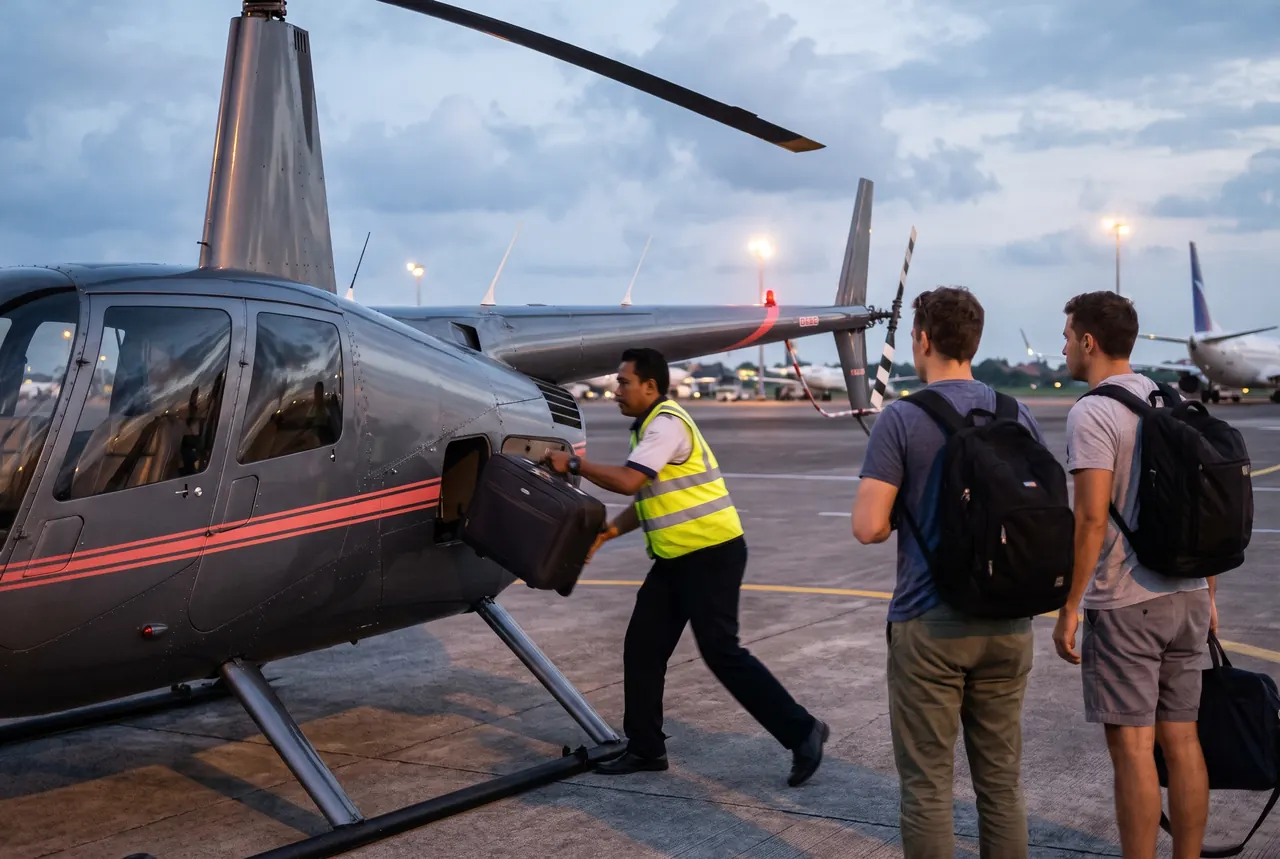 Ground crew loading suitcases into a helicopter for an airport transfer in Bali