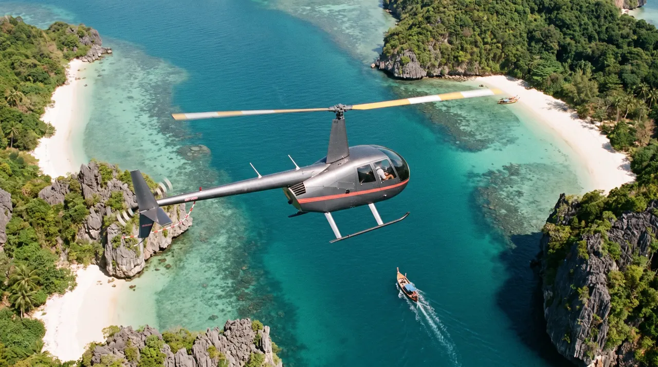 Helicopter crossing turquoise water between islands on an inter-island flight from Bali