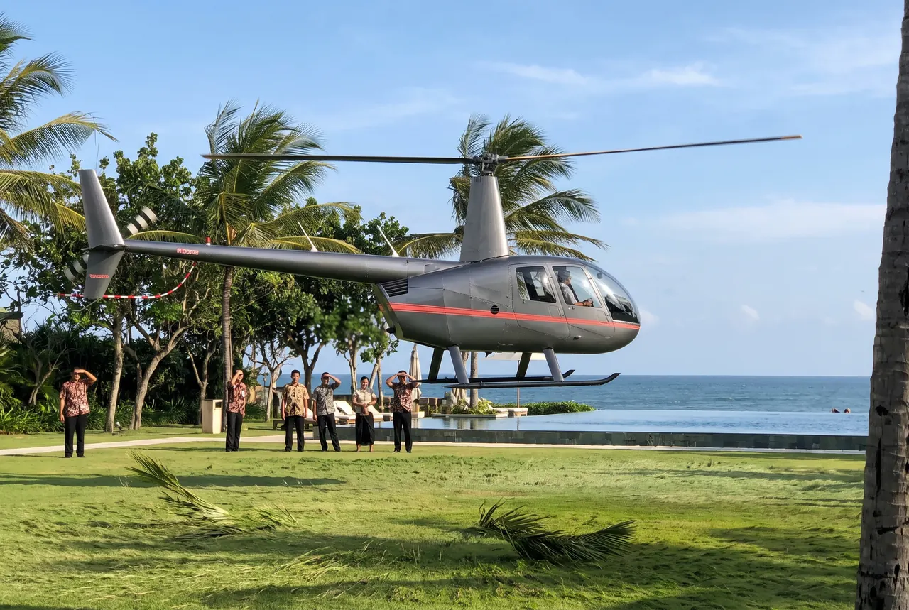 Helicopter landing on the lawn of a Bali resort among coconut palms