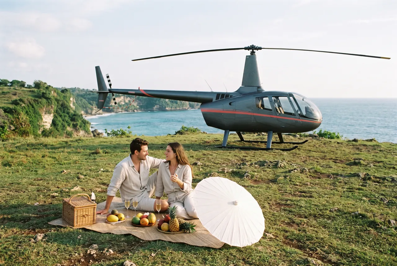Couple on a clifftop picnic in Bali with a helicopter parked nearby