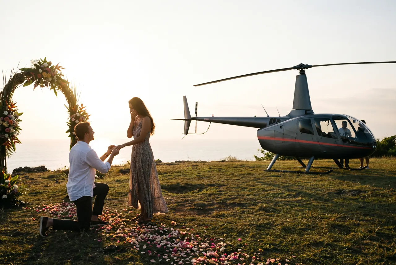 Man proposing on a Bali clifftop at sunset with a helicopter parked behind