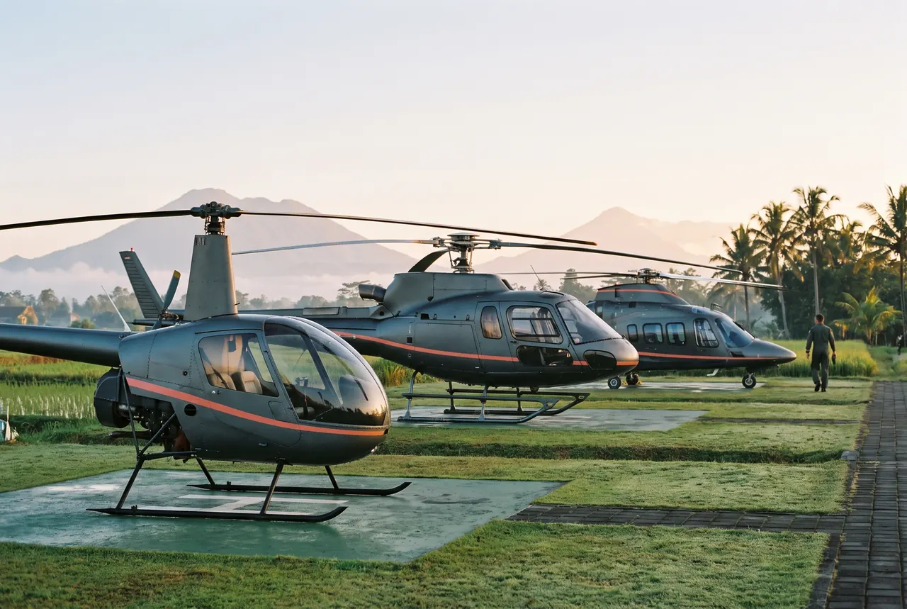 Three light helicopter types lined up on a helipad in Bali