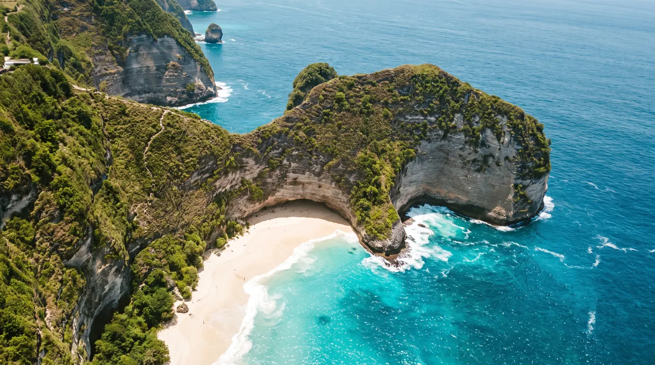 Kelingking cliff on Nusa Penida seen from a helicopter