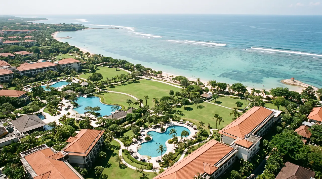 Nusa Dua resorts and lagoon seen from a helicopter in Bali