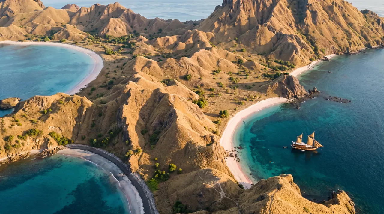 Padar Island and its three bays in Komodo National Park from the air