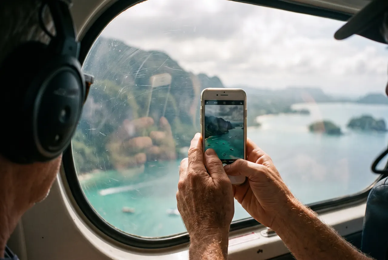 Passenger photographing the Bali coast through a helicopter window with a phone