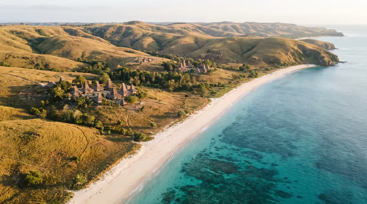 Sumba island coast with savanna hills and white sand from the air