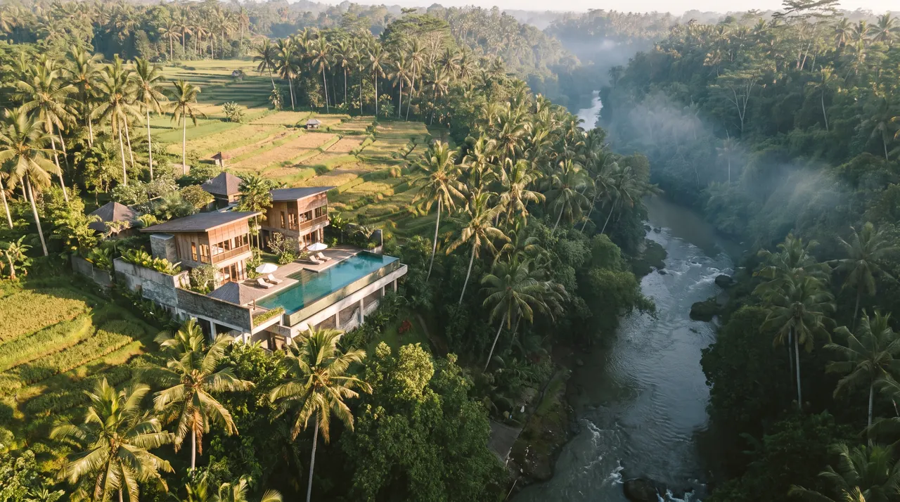 Ubud jungle villa with an infinity pool seen from a helicopter